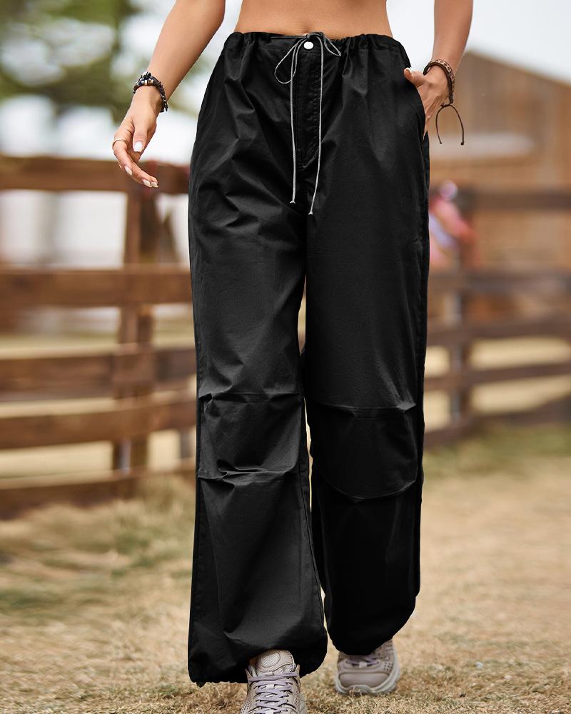 

Pocket Design Drawstring Cuffed Cargo Pants, Black