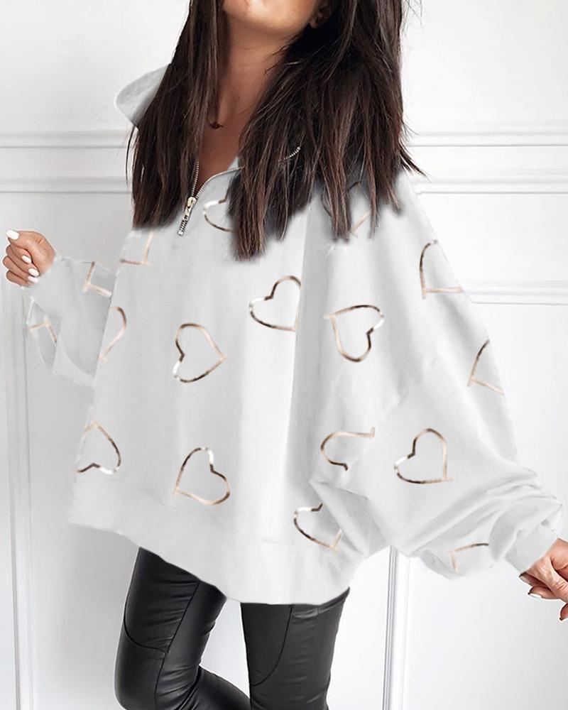 

Heart Print Lantern Sleeve Zipper Design Top, White