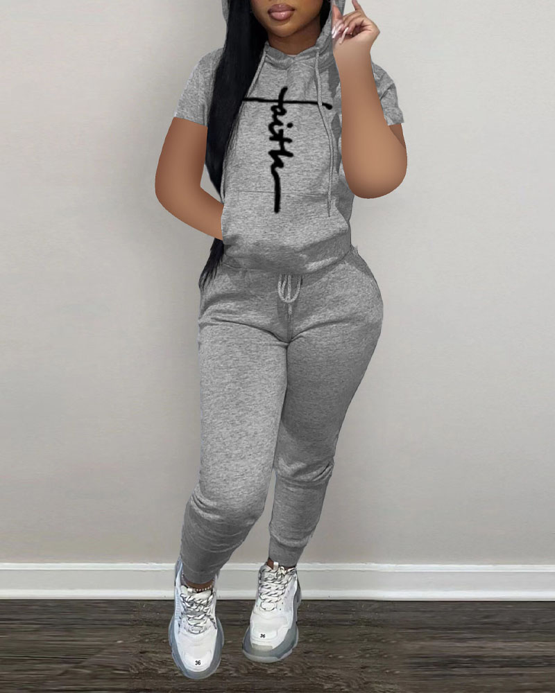

Letter Print Hooded Top & Drawstring Pants Set, Gray