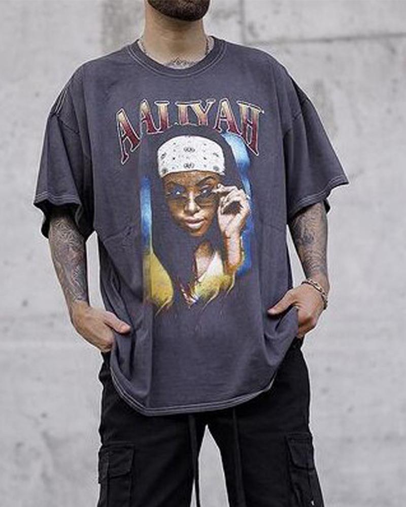 

Figure & Letter Print Short Sleeve T-shirt, Gray
