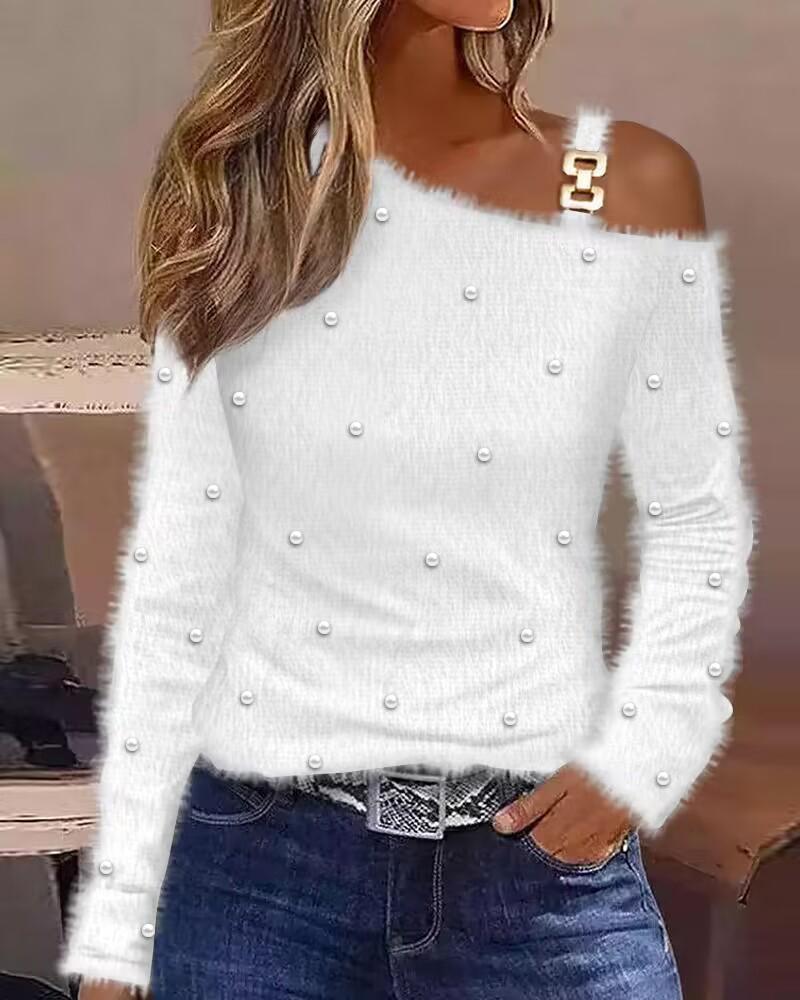 

Cold Shoulder Long Sleeve Beaded Fluffy Top, White