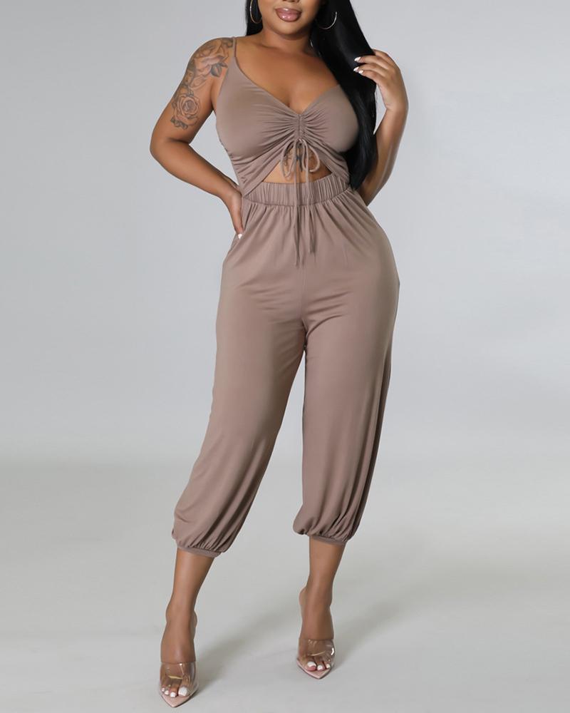 

Drawstring Spaghetti Strap Top & Harem Pants Set, Khaki