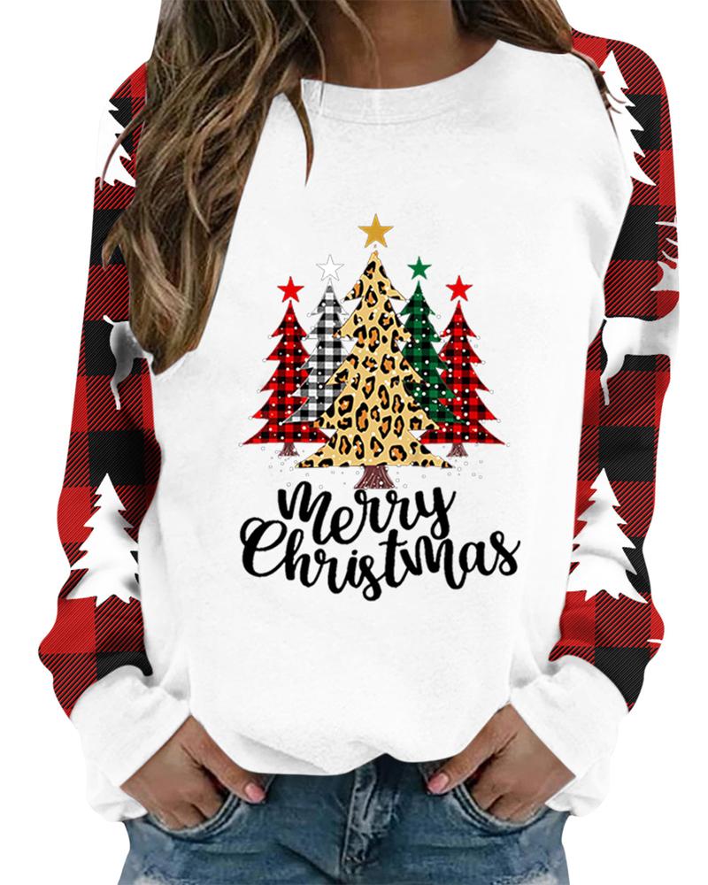 

Christmas Tree Elk Plaid Print Casual Top, White