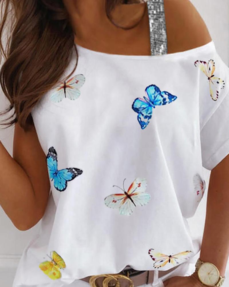 

Butterfly Print One Shoulder T-shirt, White
