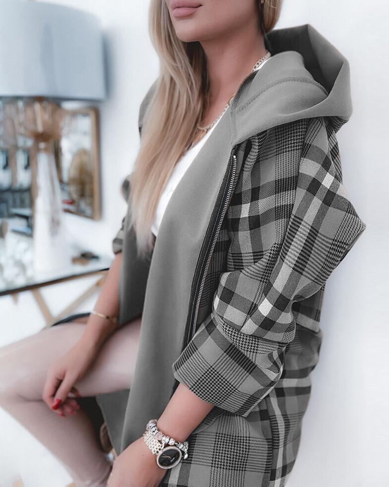 

Long Sleeve Plaid Print Zipper Design Hooded Coat, Gray