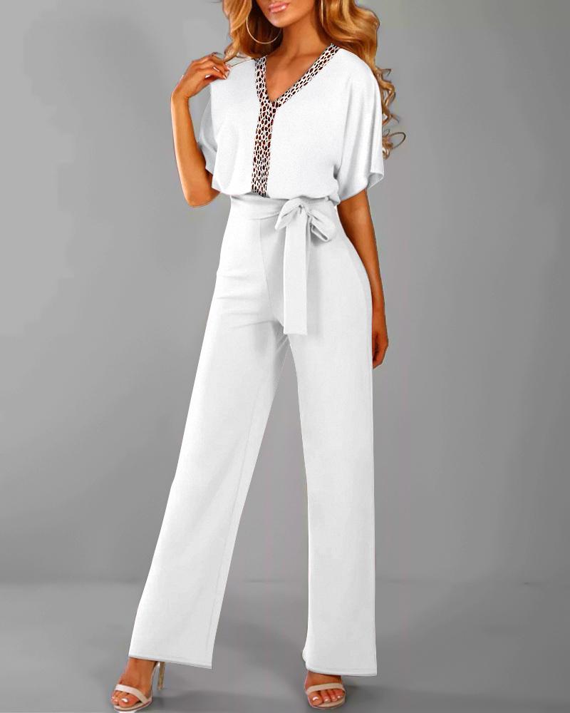 

Contrast Leopard V-Neck Top & Tied Detail Pants Set, White