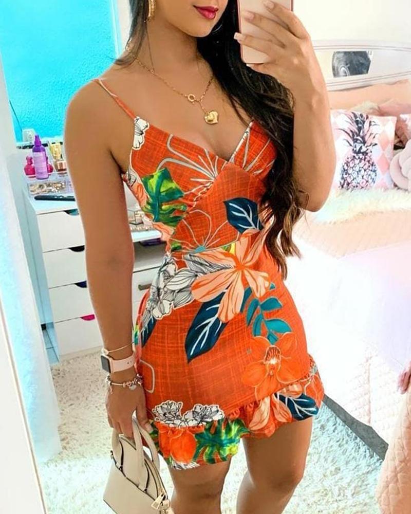 

Floral Print Spaghetti Strap Ruffles Bodycon Dress, Orange
