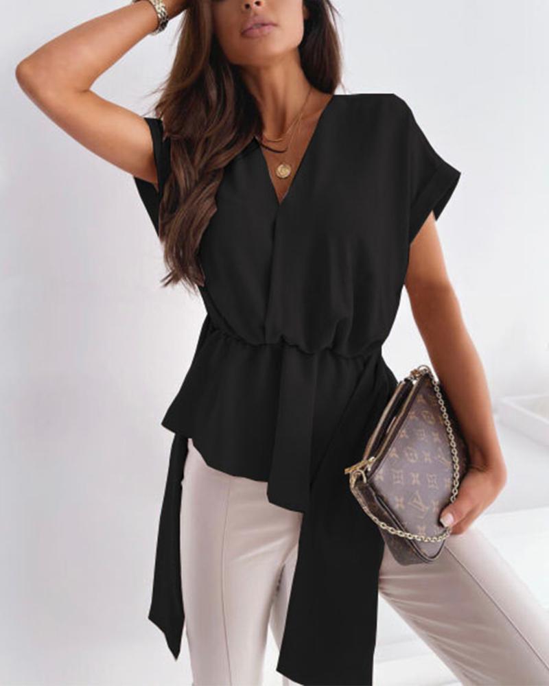 

Lace-up Solid Color Short Sleeve Blouse, Black