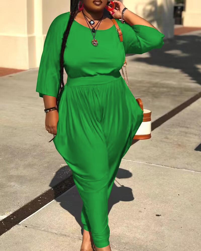 

Plus Size Plain Casual Top & Draped Detail Pants Set, Green