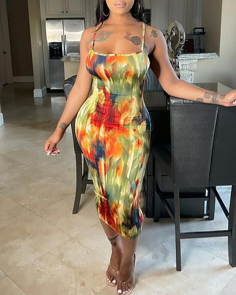

Spaghetti Strap Square Neck Tie Dye Print Dress, Orange