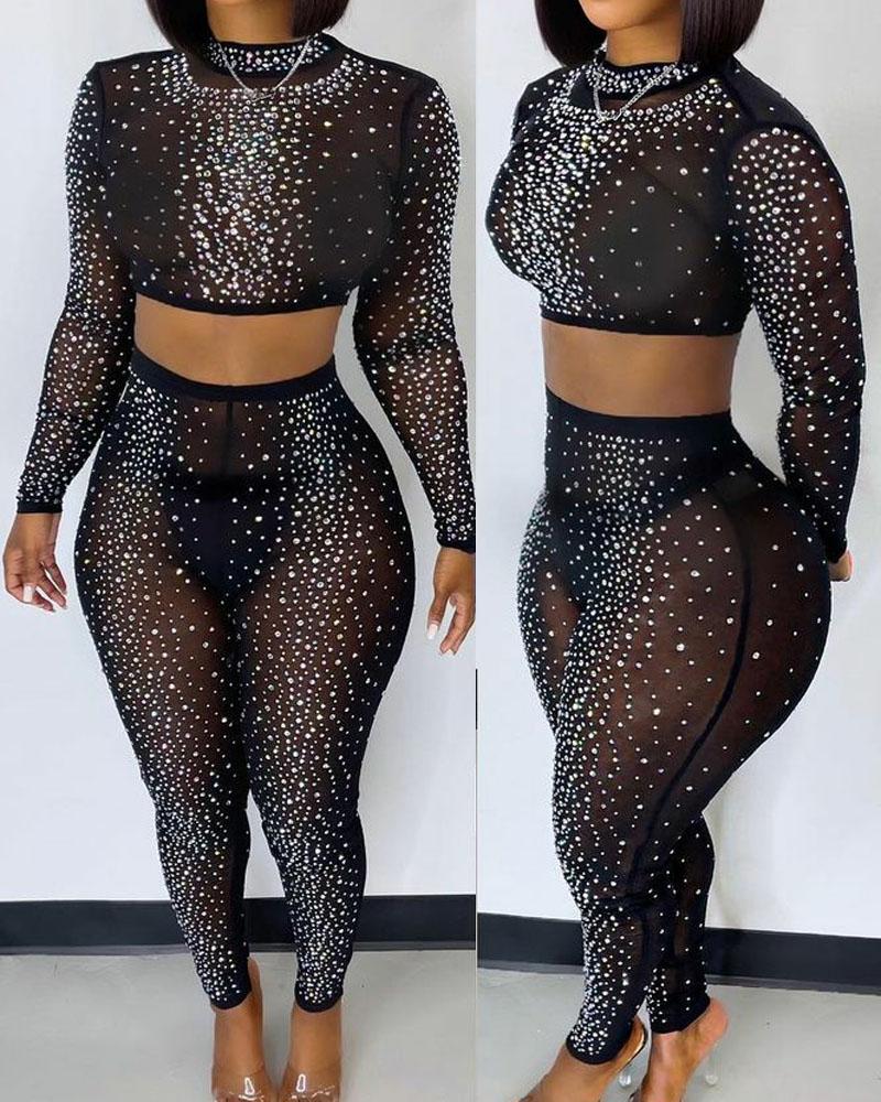 

Rhinestone Decor Sheer Mesh Crop Top & Pants Set, Black