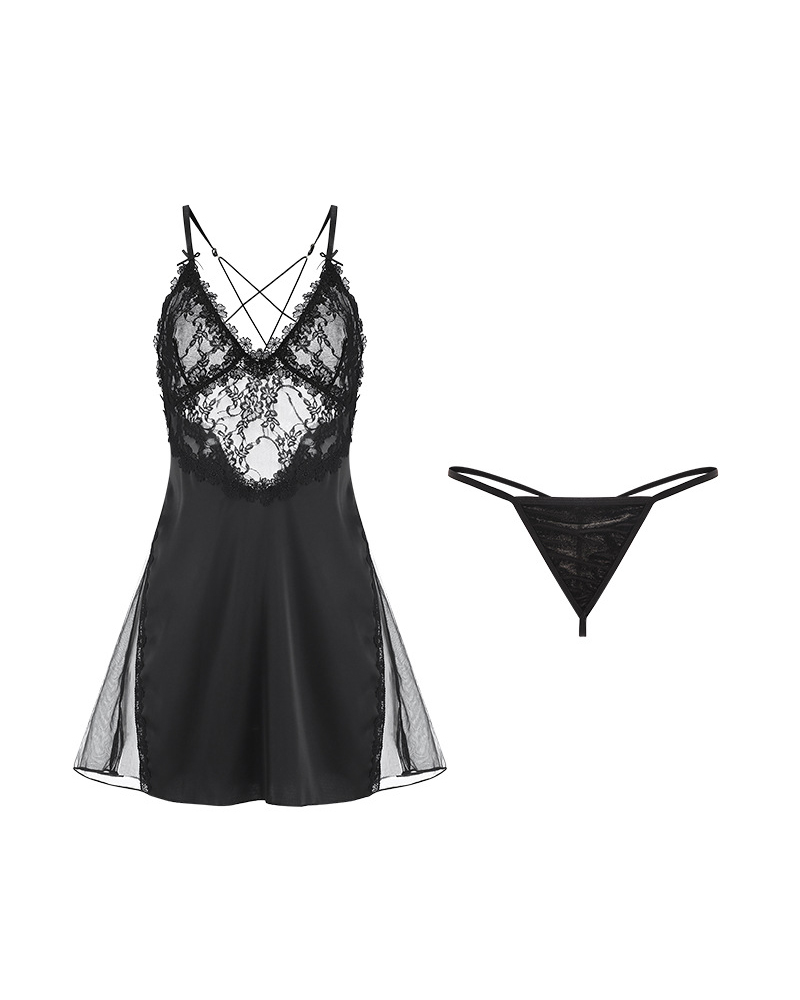 

Sexy Silk Splicing Lace Embroidery Sling Babydolls With Panties, Black
