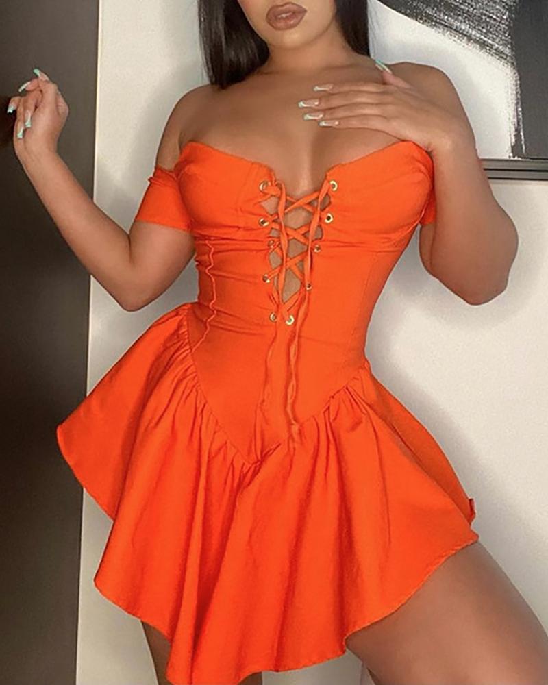 

Off Shoulder Eyelet Lace-up Asymmetrical Dress, Orange
