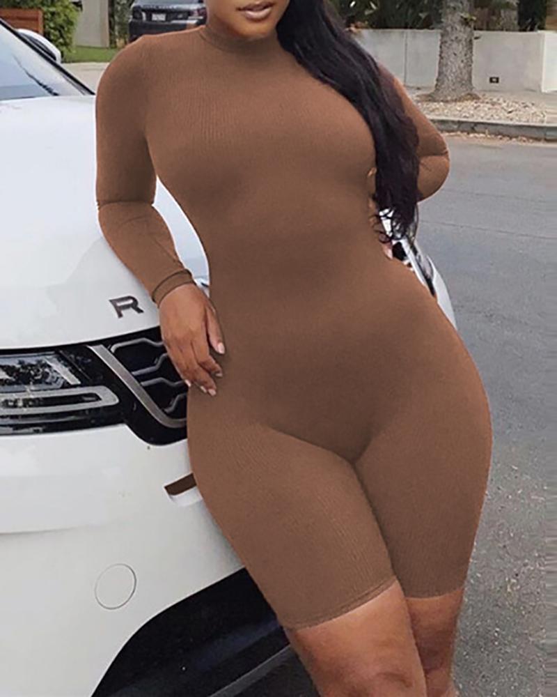 

Long Sleeve O Neck Skinny Romper, Coffee