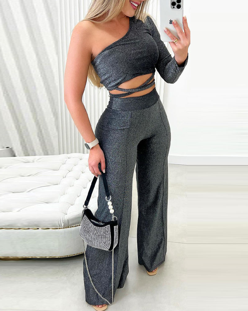 

Crisscross Tied Detail One Shoulder Crop Top & Pants Set, Dark grey