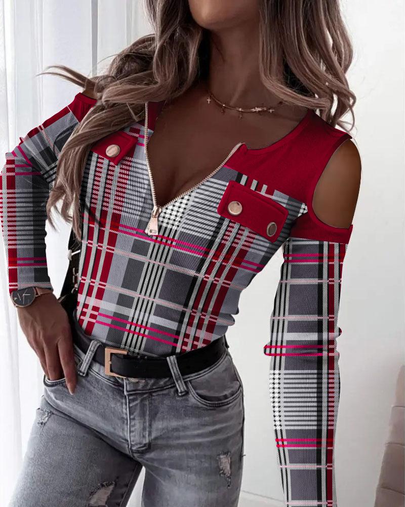 

Plaid Print Zip Front Cold Shoulder Ribbed Top, Red