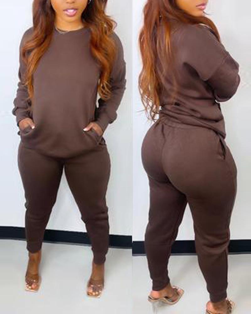 

Long Sleeve Pocket Design Top & Sweatpants Set, Brown