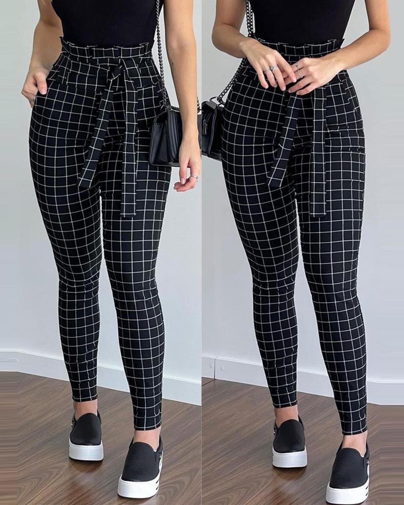 

Plaid Print Pocket Design High Waist Pants, Black