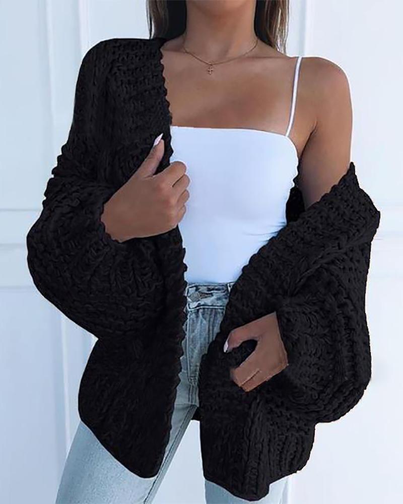 

Braided Knit Lantern Sleeve Casual Cardigan, Black