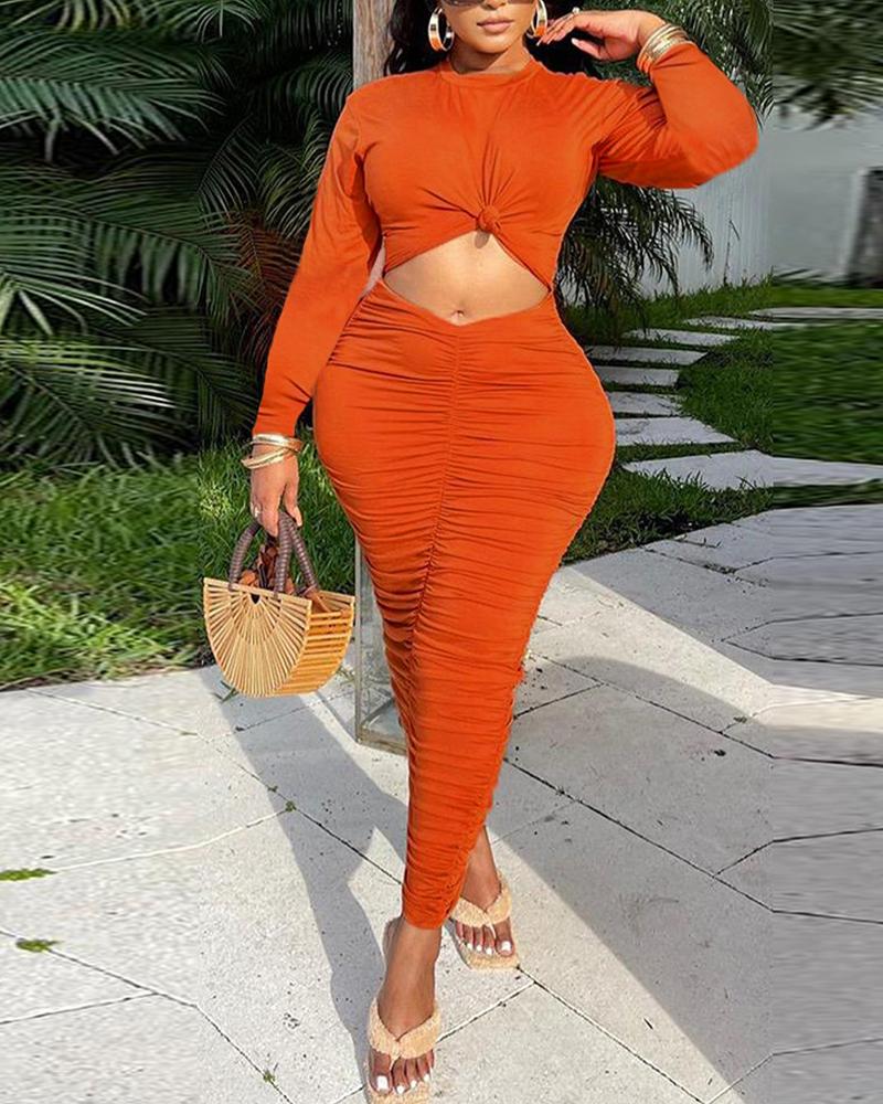 

Plain Long Sleeve Top & Ruched Skirt Set, Orange