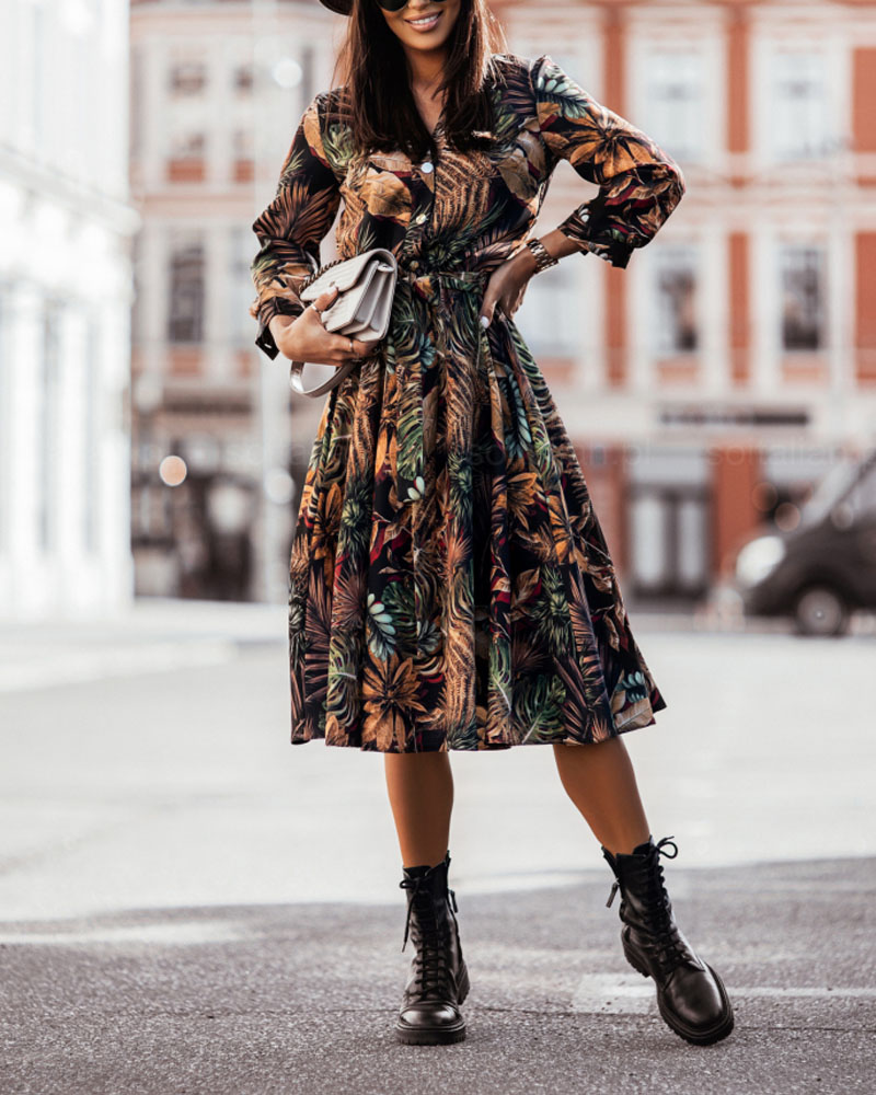 

Long Sleeve Button Front Tropical Print Dress, Black