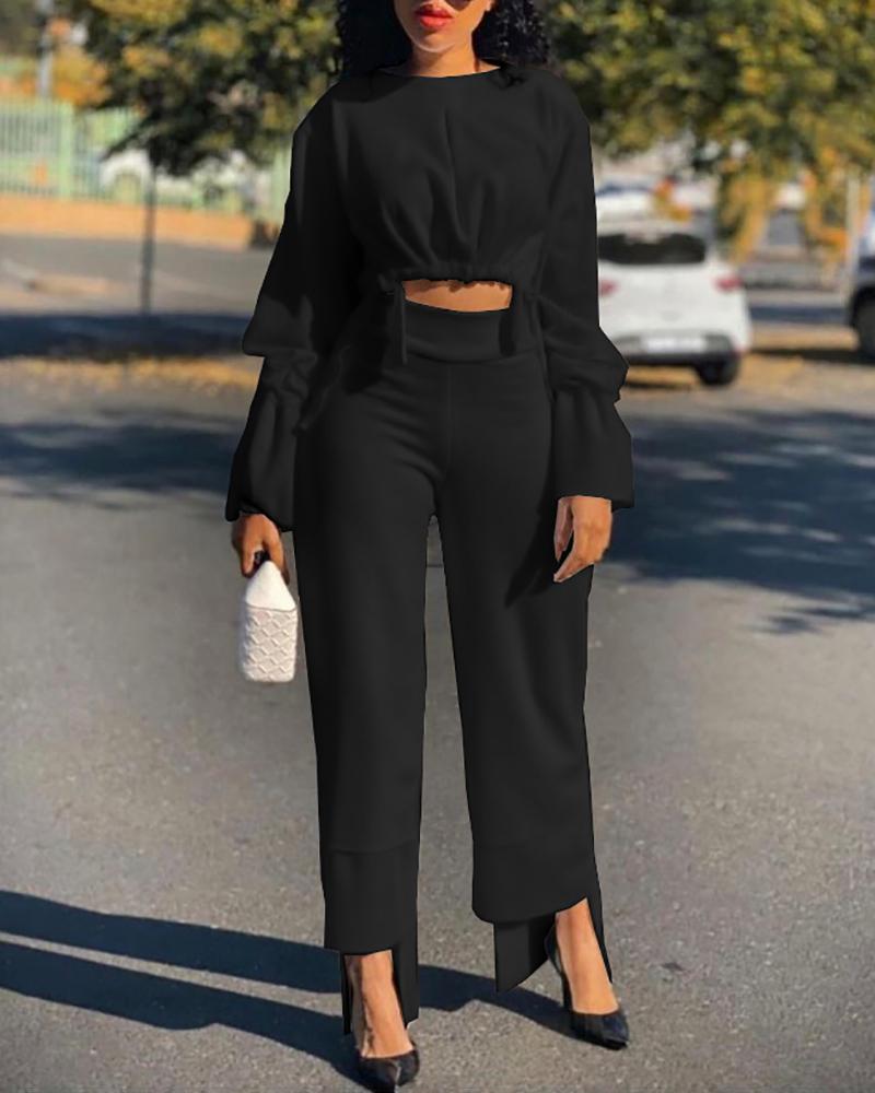 

Ruched Long Sleeve Drawstring Top & Asymmetrical Pants Set, Black