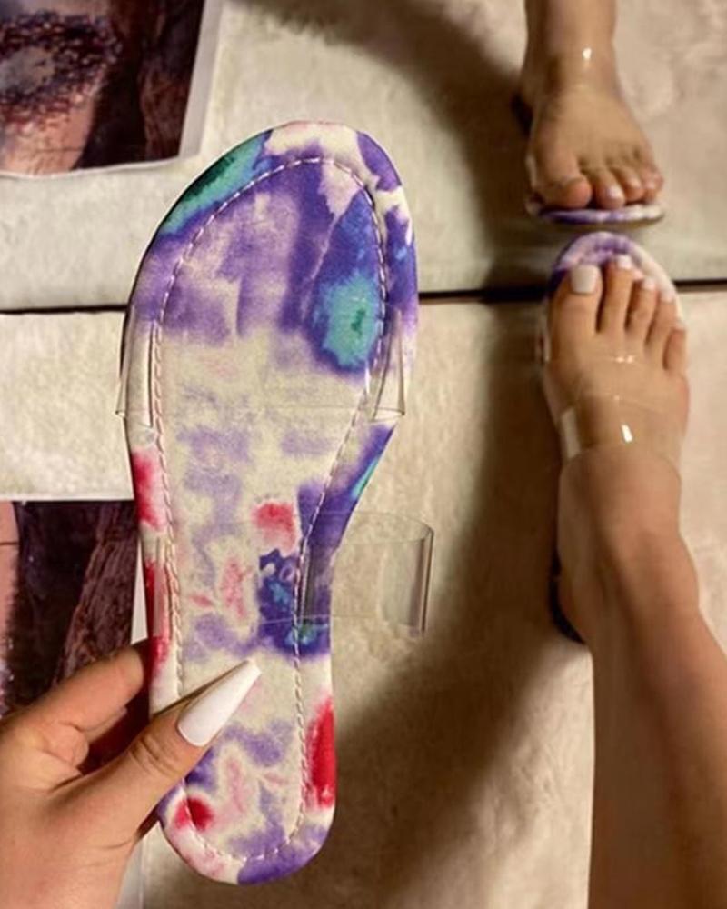 

Round-toe Tie Dye Print Clear Strap Flat Slippers, Blue