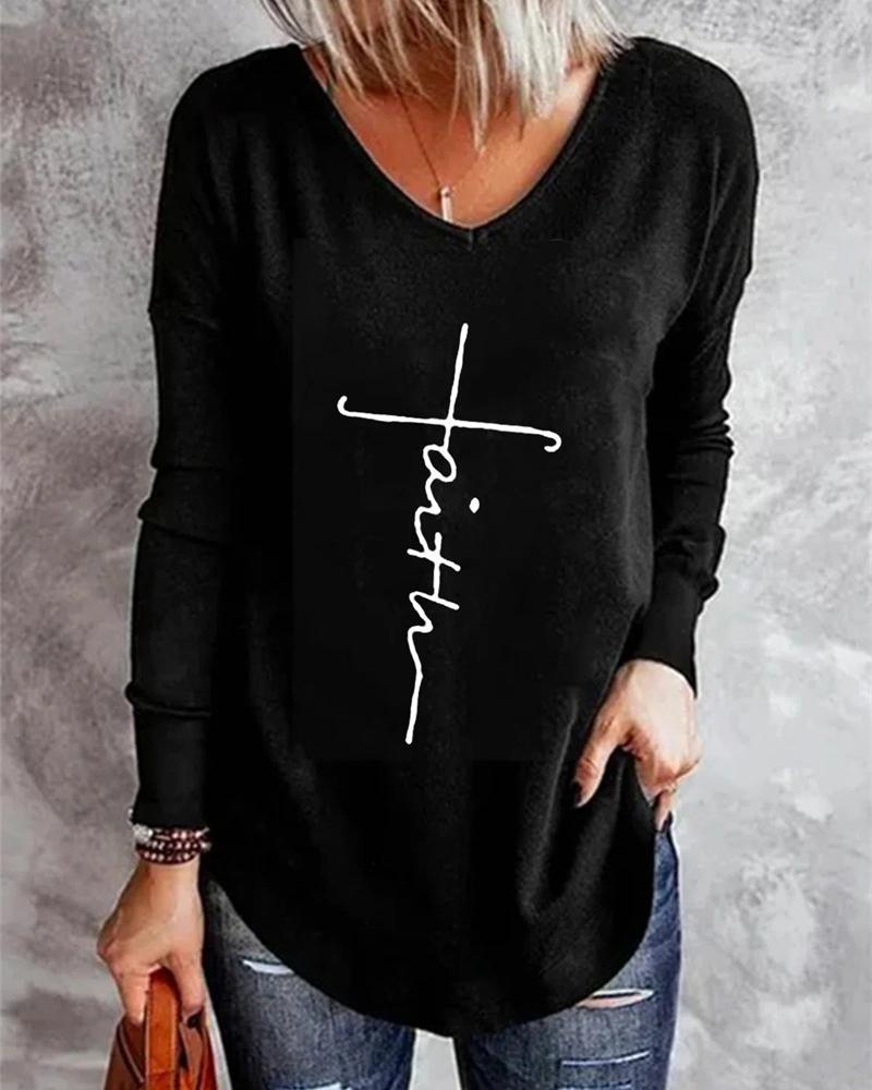 

Letter Print Long Sleeve T-shirt, Black