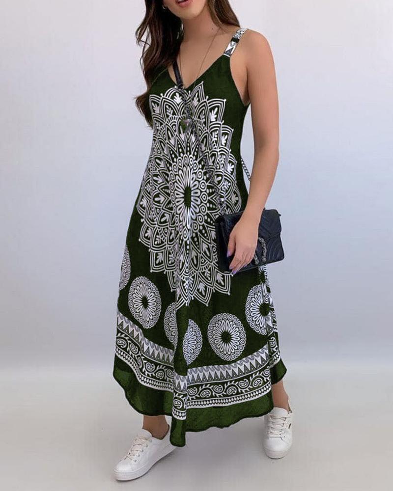 

Graphic Print V-Neck Thin Strap Maxi Dress, Green