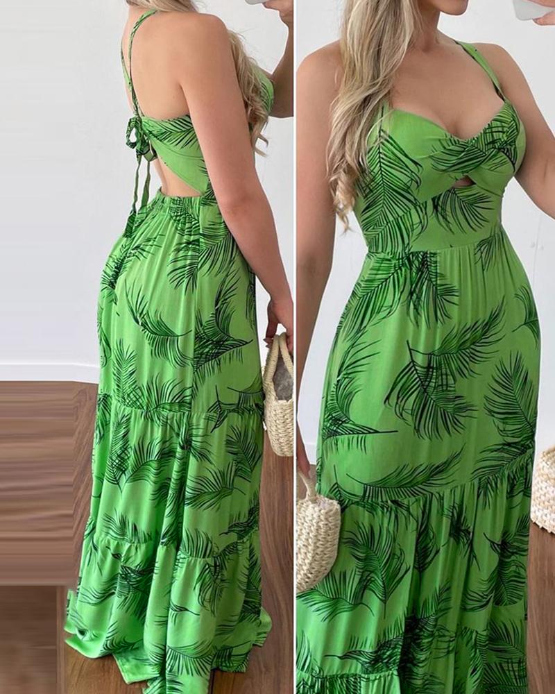

Crisscross Backless Tropical Print Ruched Maxi Dress, Green