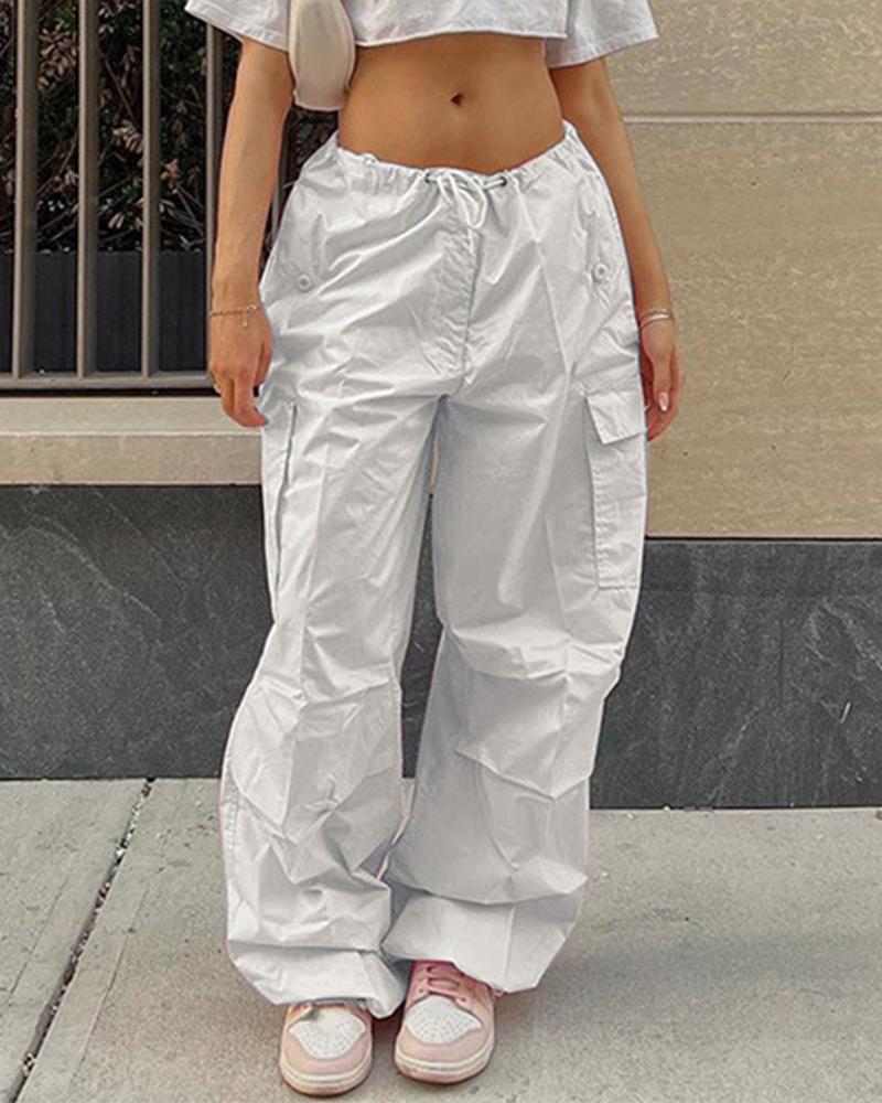 

Pocket Detail Drawstring Low Waist Cargo Pants, White