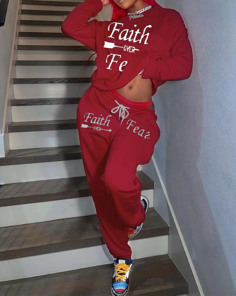 

Plus Size Letter Print Long Sleeve Top & Pants Set, Red