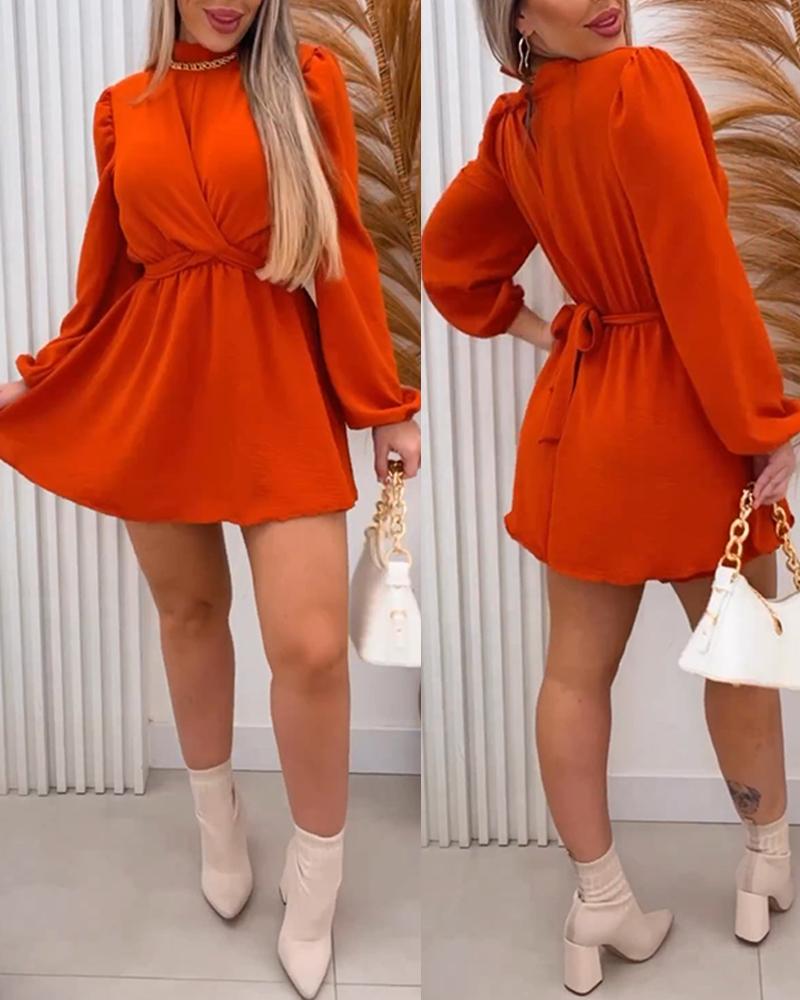 

Lantern Sleeve Ruched Tied Detail Romper, Orange