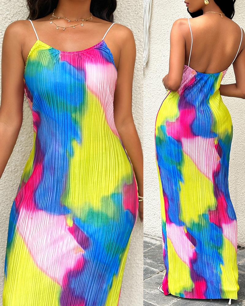 

Vestido maxi cami plissado com estampa tie dye colorblock, Yellow