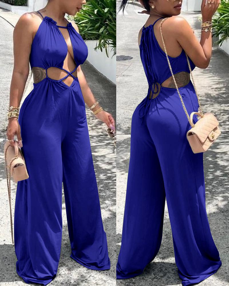 

Lace-up Cutout Wide Leg Jumpsuit, Blue