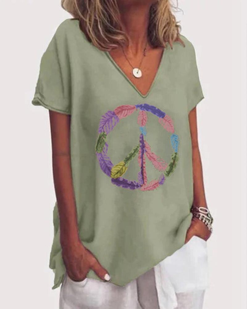 

Leaf Print V-Neck Casual T-shirt, Green
