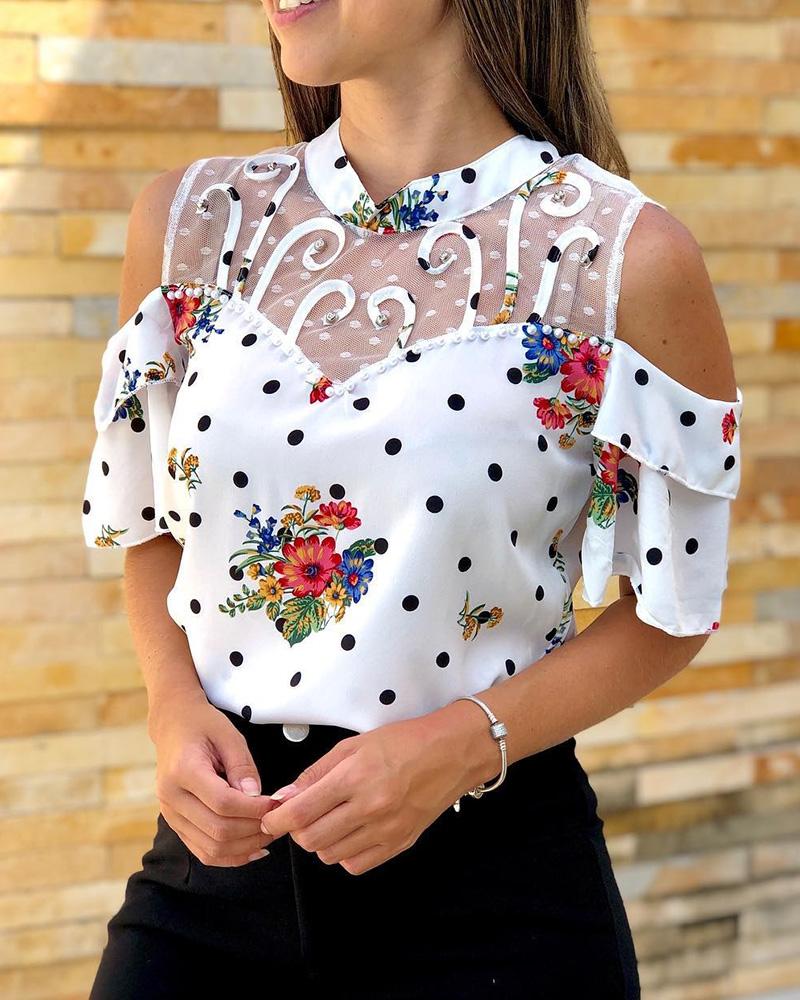 

Cold Shoulder Mesh Insert Print Women Blouse, White
