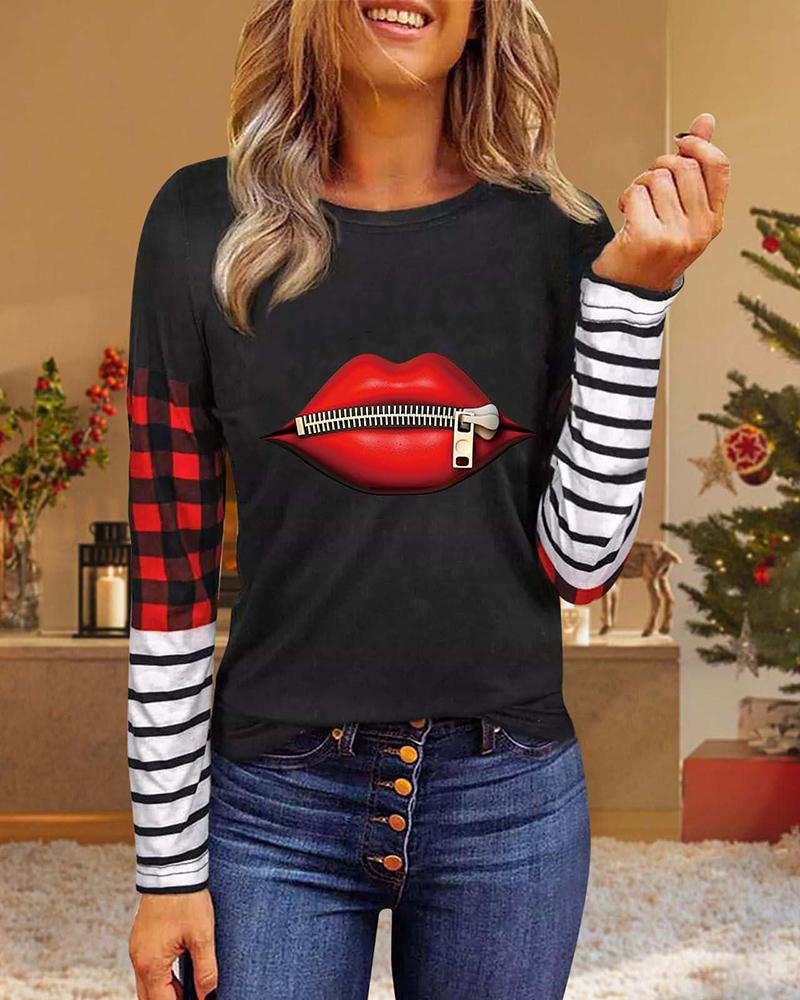 

Valentine' Day Striped Heart Plaid Print O-Neck Top, Style1