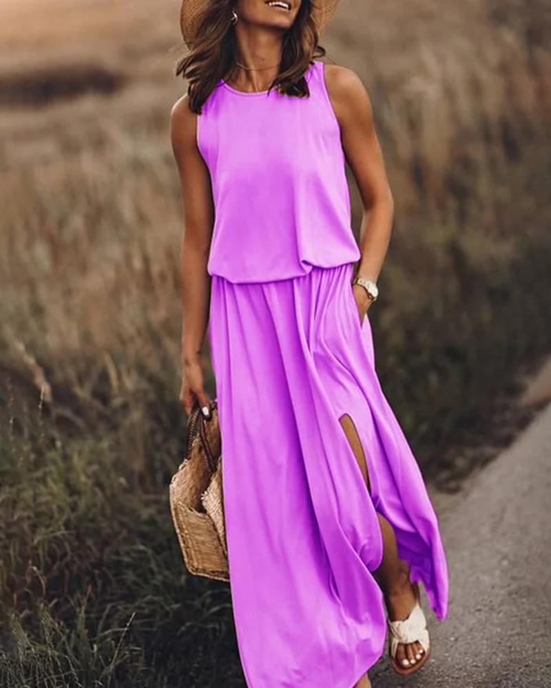 

Solid Sleeveless Slit Dress, Purple