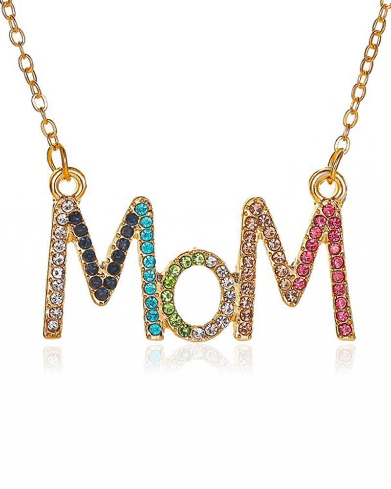 

1pc Mother's Day Fashion Charms Gift Rhinestone Letter Mom Pendant Necklace, Gold