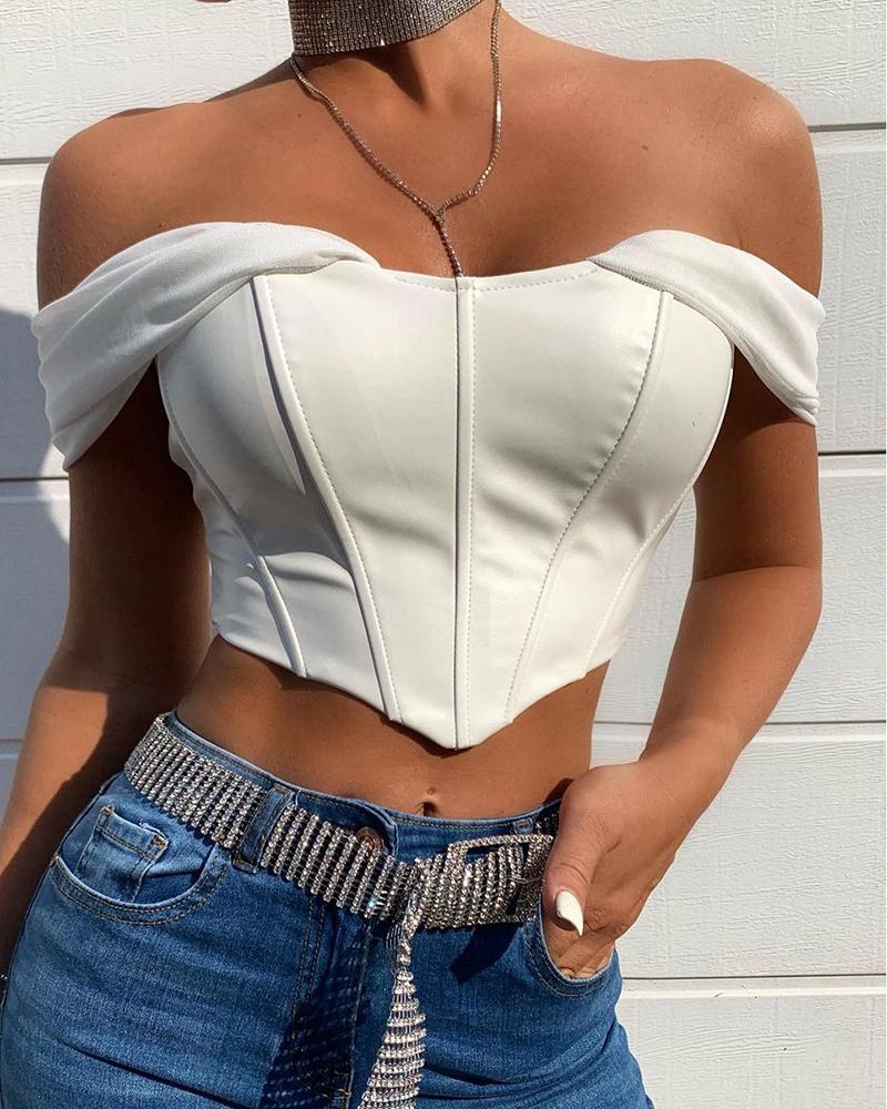 

Off Shoulder Zip Back Short Sleeve Corset Crop Top, White