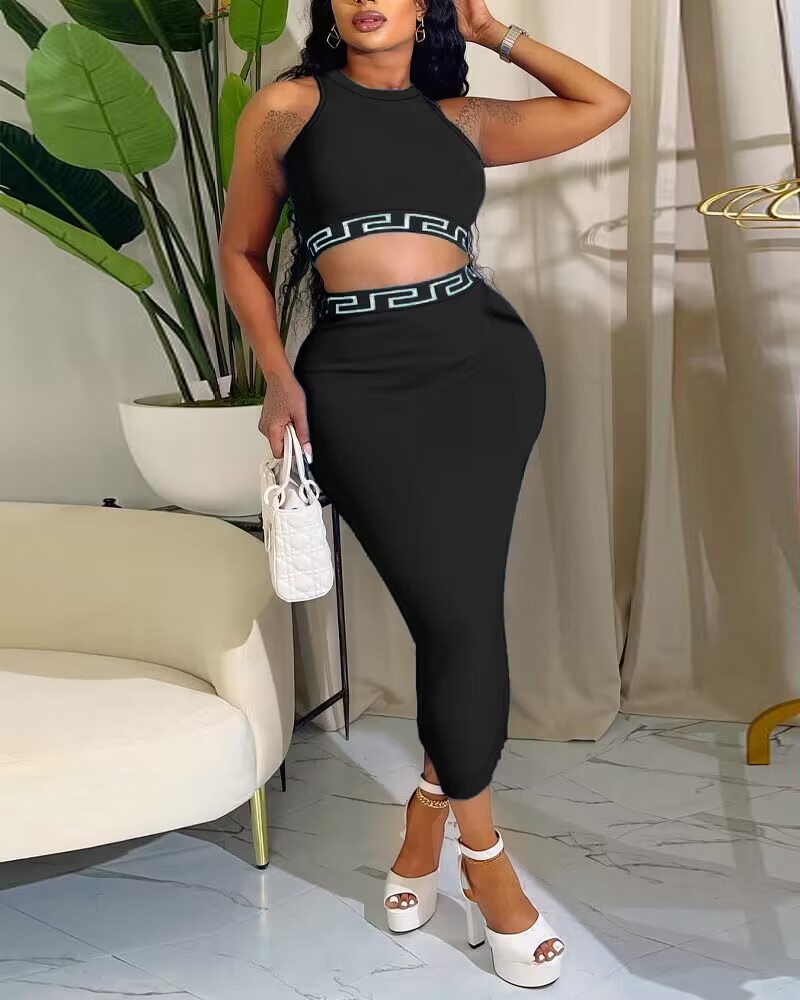 

Geometric Print Tank Top & High Waist Skirt Set, Black