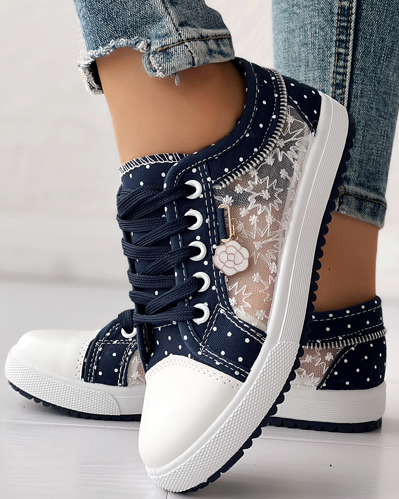 

Floral Pattern Embroidery Dot Print Sneakers, Dark blue