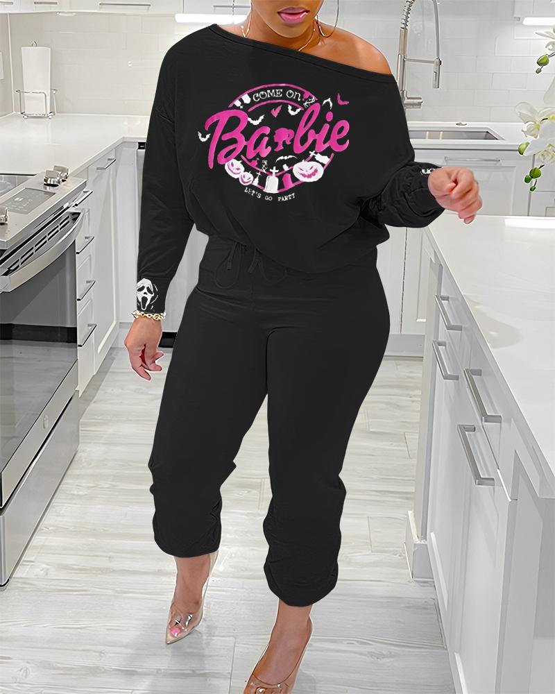 

Halloween Pumpkin Candles Barbie Slogan Print Top & Cuffed Pants Set, Black