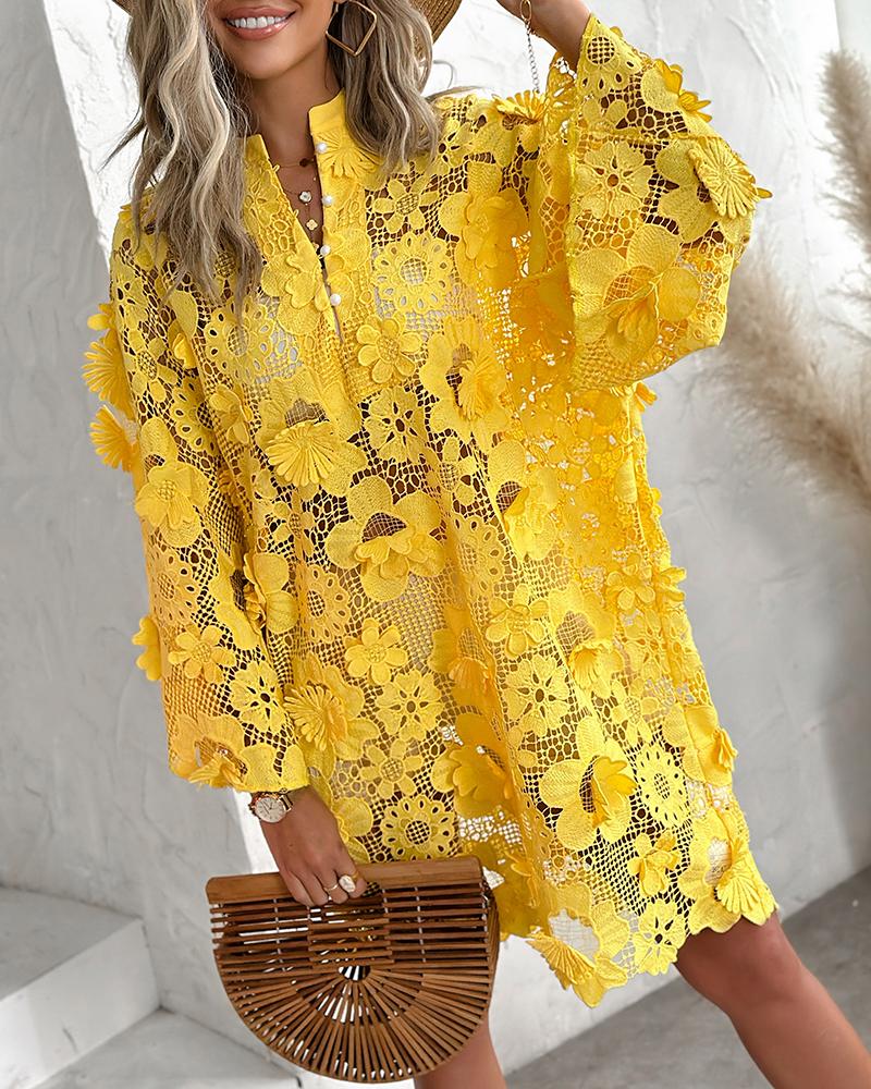 

Floral Pattern Hollow Out Casual Dress, Yellow