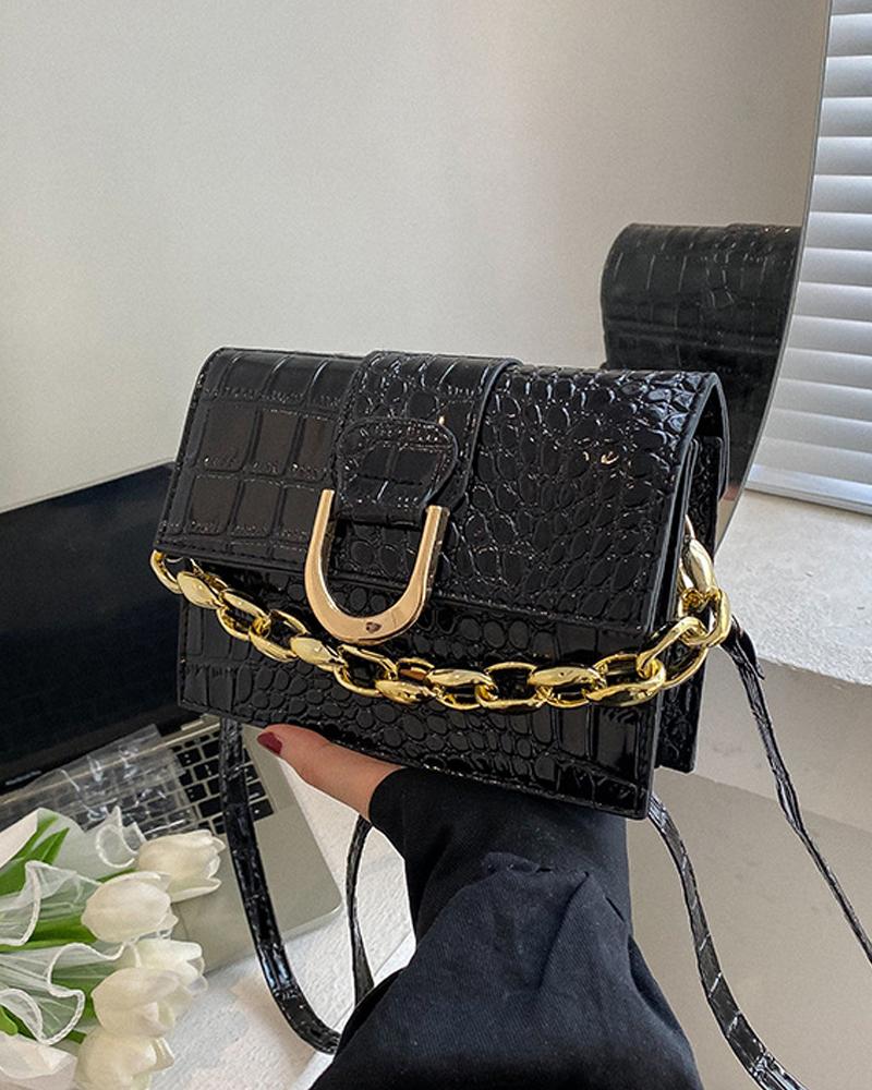 

Embossed Chain Decor Flap Shoulder Bag, Black