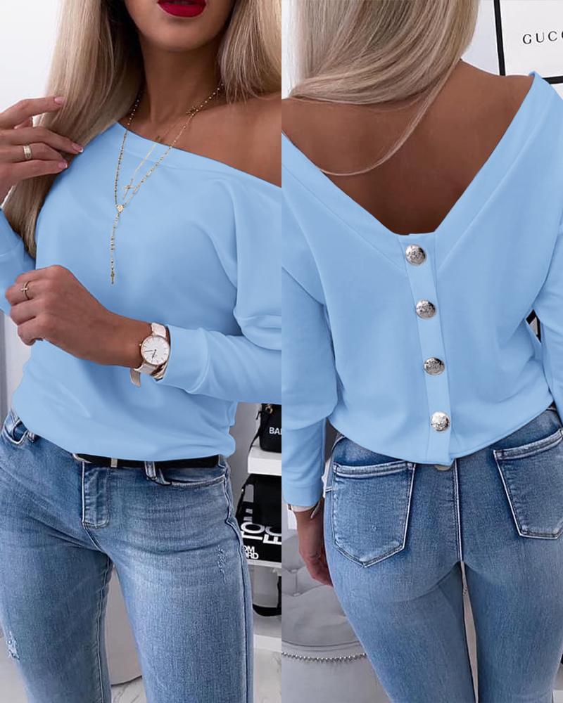 

Long Sleeve Backless Buttoned Top, Blue