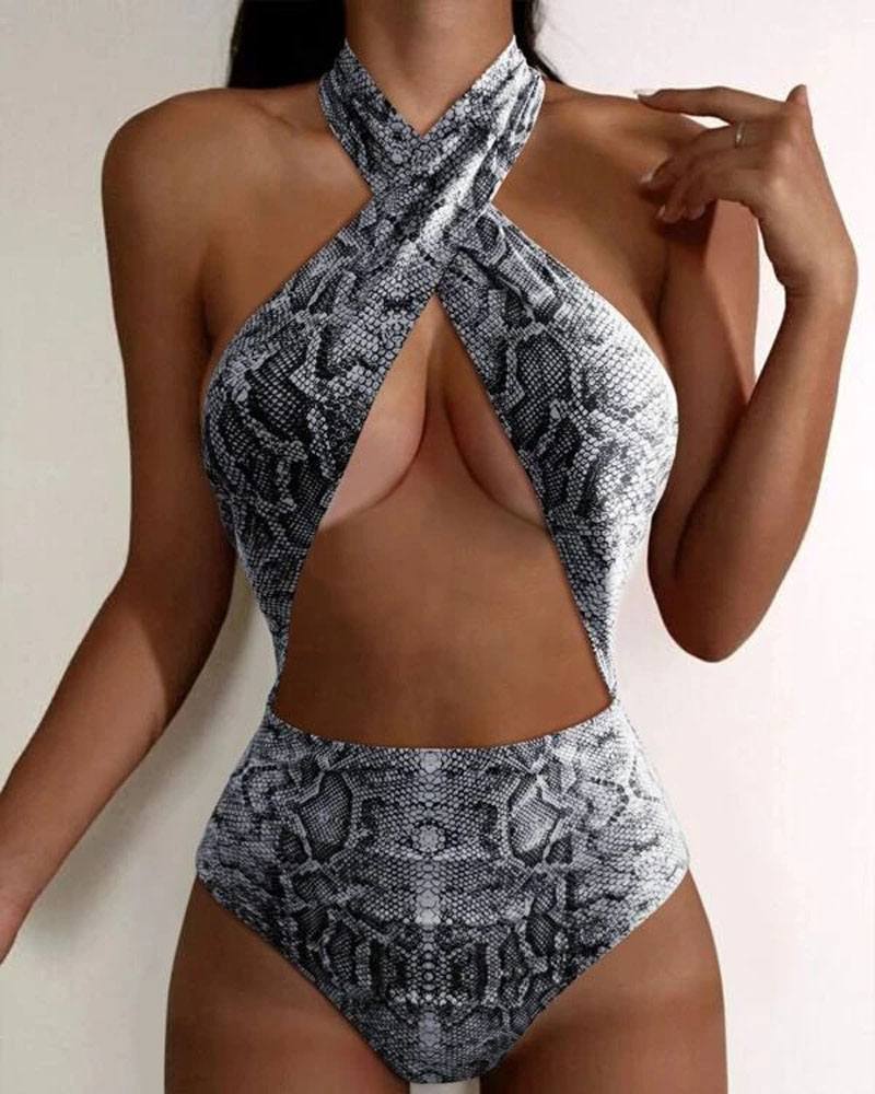 

Snakeskin Print Cutout Halter One-Piece Swimsuit, Black