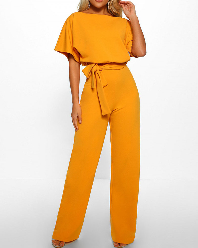 

Batwing Sleeve Keyhole Back Belted Jumpsuit, Yellow