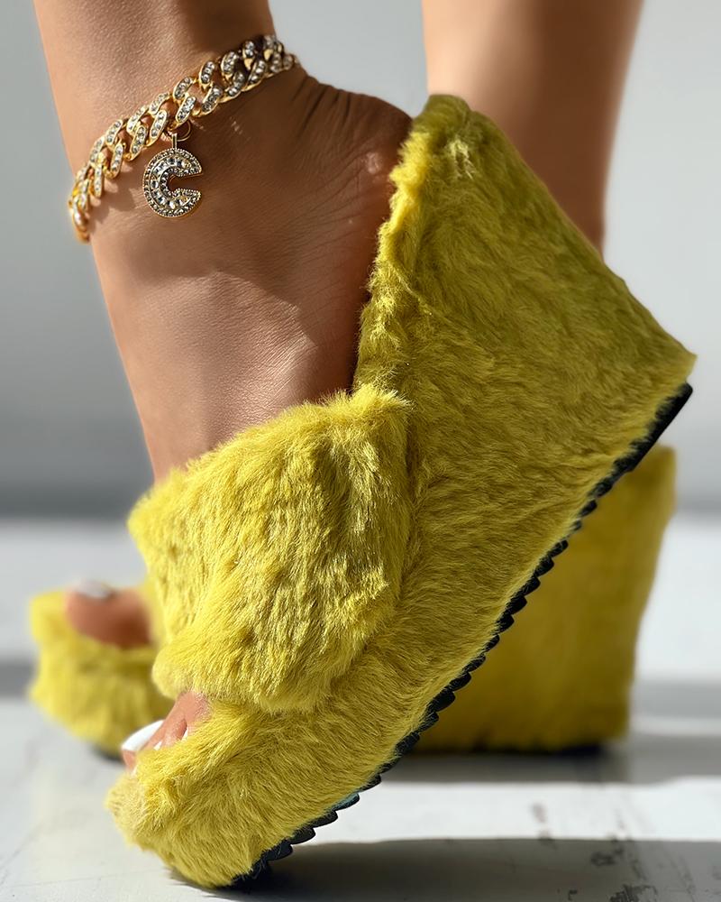 

One Strap Fuzzy Wedge Slippers, Yellow